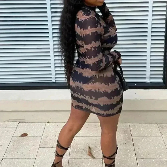 Geometric Pattern Semi Sheer Crewneck Mini Dress - Picture 2 of 4